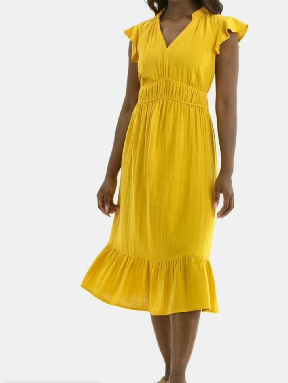 NWT Time and Tru 100% Cotton Yellow Flutter Sleeve Midi Dress - Picture 2 of 4